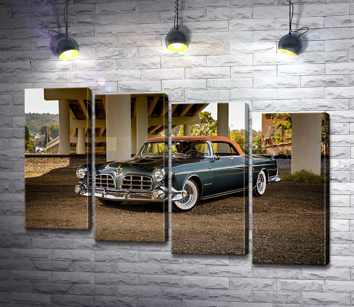 модульна картина Темний автомобіль кабріолет Chrysler 1955 стоїть в тіні мосту (Модуль №19)