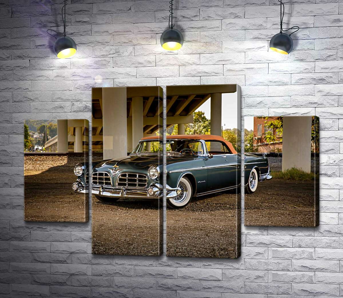 модульна картина Темний автомобіль кабріолет Chrysler 1955 стоїть в тіні мосту (Модуль №20)