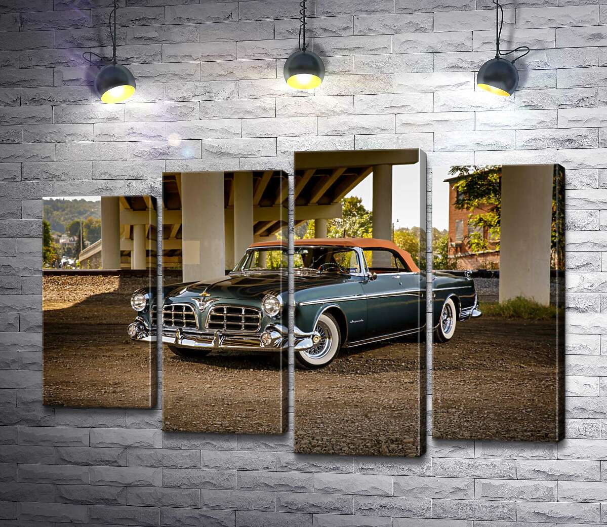модульная картина Темный автомобиль кабриолет Chrysler 1955 стоит в тени моста (Модуль №3)