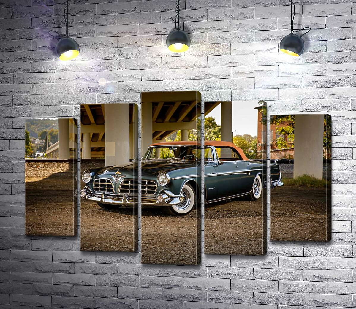 модульная картина Темный автомобиль кабриолет Chrysler 1955 стоит в тени моста (Модуль №4)