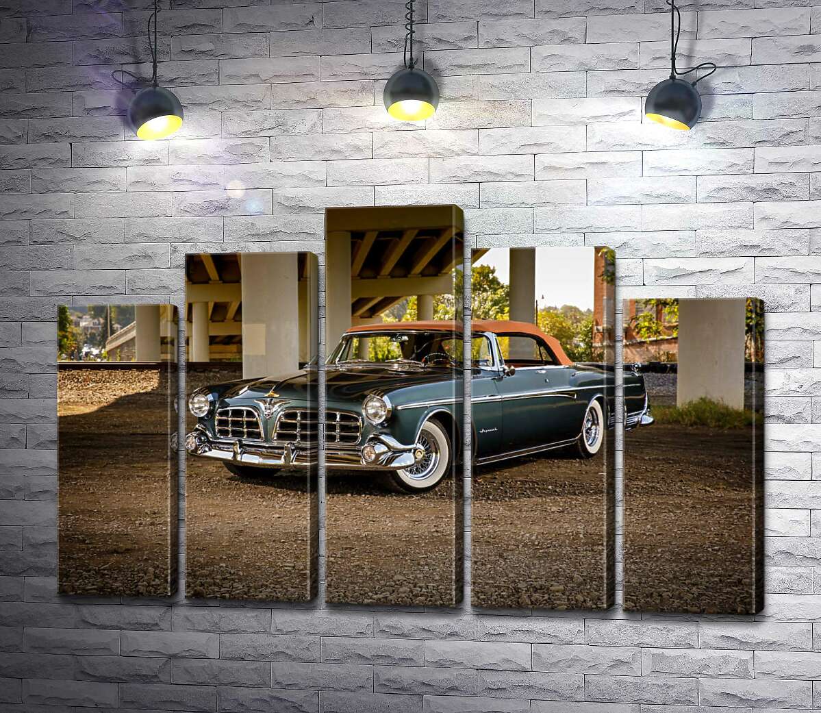 модульная картина Темный автомобиль кабриолет Chrysler 1955 стоит в тени моста (Модуль №29)
