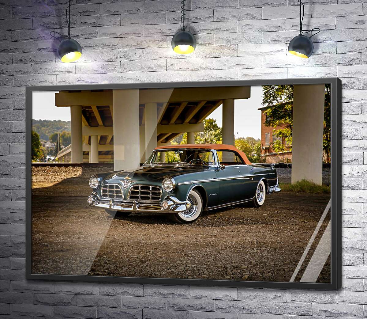 постер Темный автомобиль кабриолет Chrysler 1955 стоит в тени моста