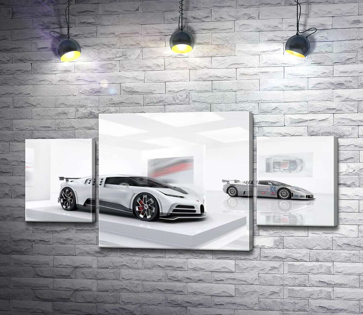 модульная картина Белый блеск спортивного автомобиля Бугатти (Bugatti Centodieci) (Модуль №5)