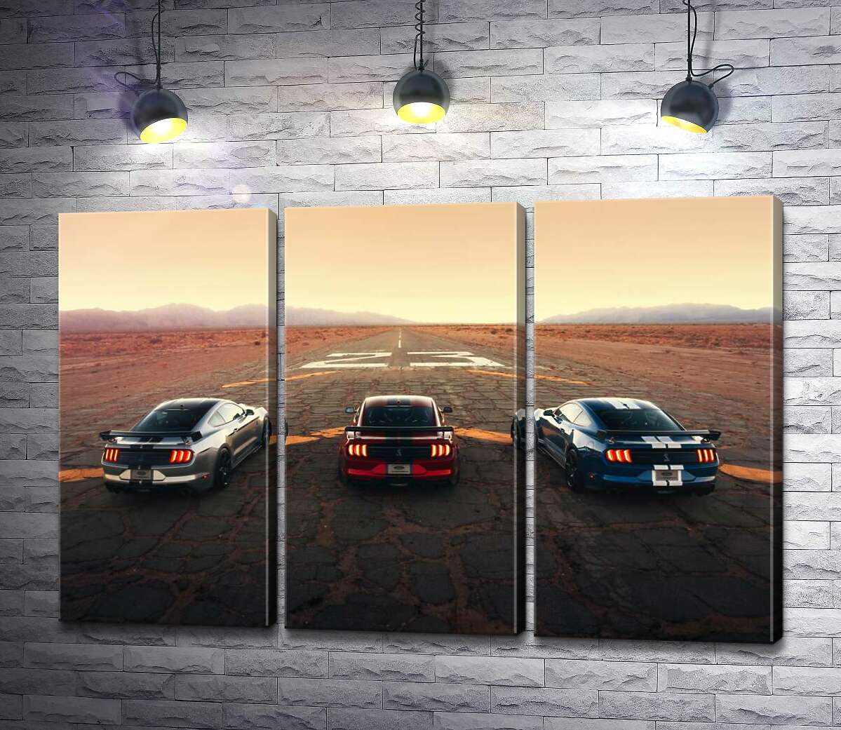модульна картина Гоночні автомобілі Ford Mustang Shelby GT500 на старій дорозі