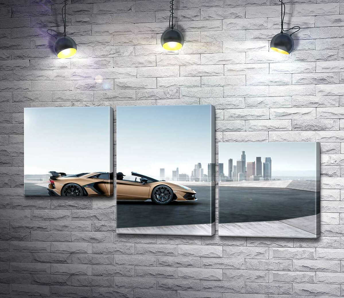 модульная картина Золотой автомобиль Ламборгини (Lamborghini Aventador) с черными элементами (Модуль №13)