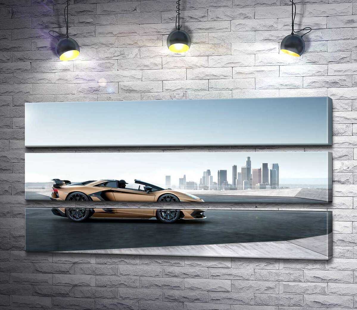 модульная картина Золотой автомобиль Ламборгини (Lamborghini Aventador) с черными элементами (Модуль №15)