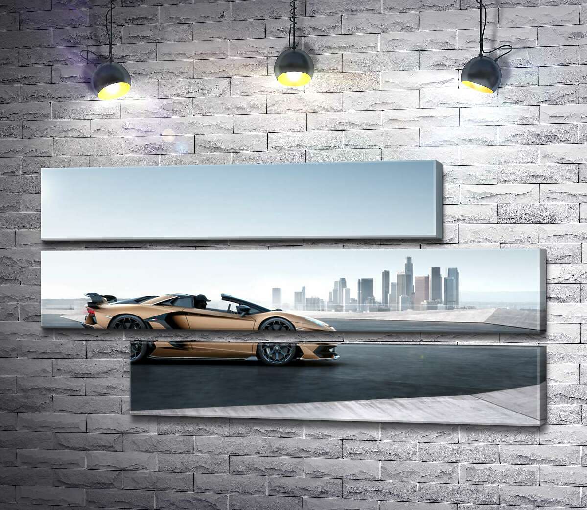 модульная картина Золотой автомобиль Ламборгини (Lamborghini Aventador) с черными элементами (Модуль №16)
