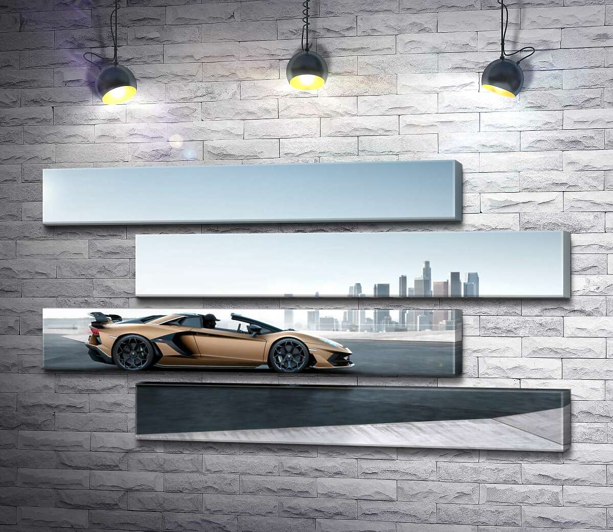 модульная картина Золотой автомобиль Ламборгини (Lamborghini Aventador) с черными элементами (Модуль №23)