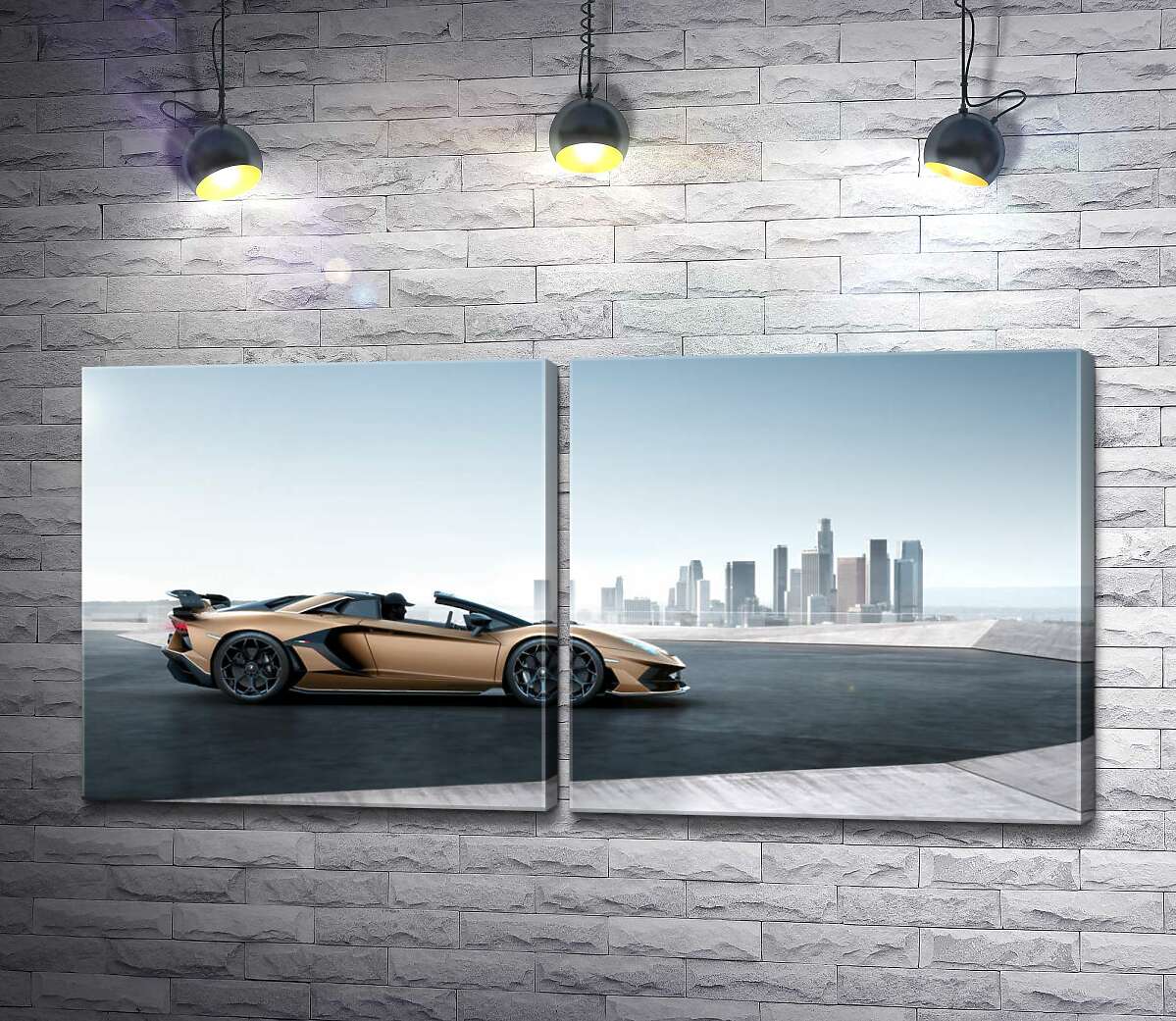 модульная картина Золотой автомобиль Ламборгини (Lamborghini Aventador) с черными элементами