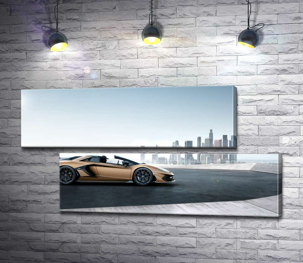 модульная картина Золотой автомобиль Ламборгини (Lamborghini Aventador) с черными элементами (Модуль №8)