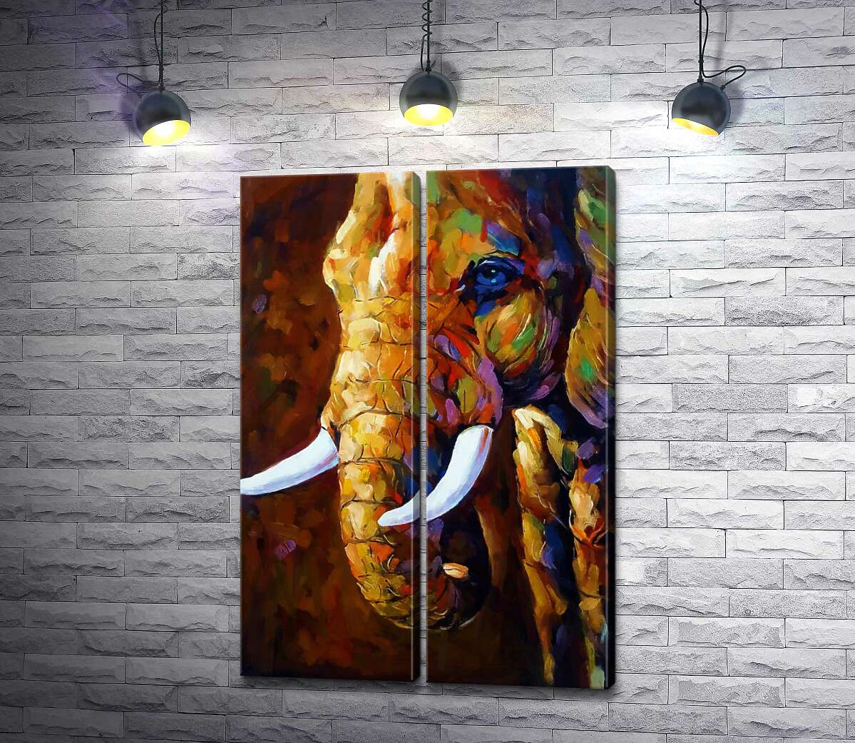 модульная картина Белоснежные бивни в цветном силуэте слона