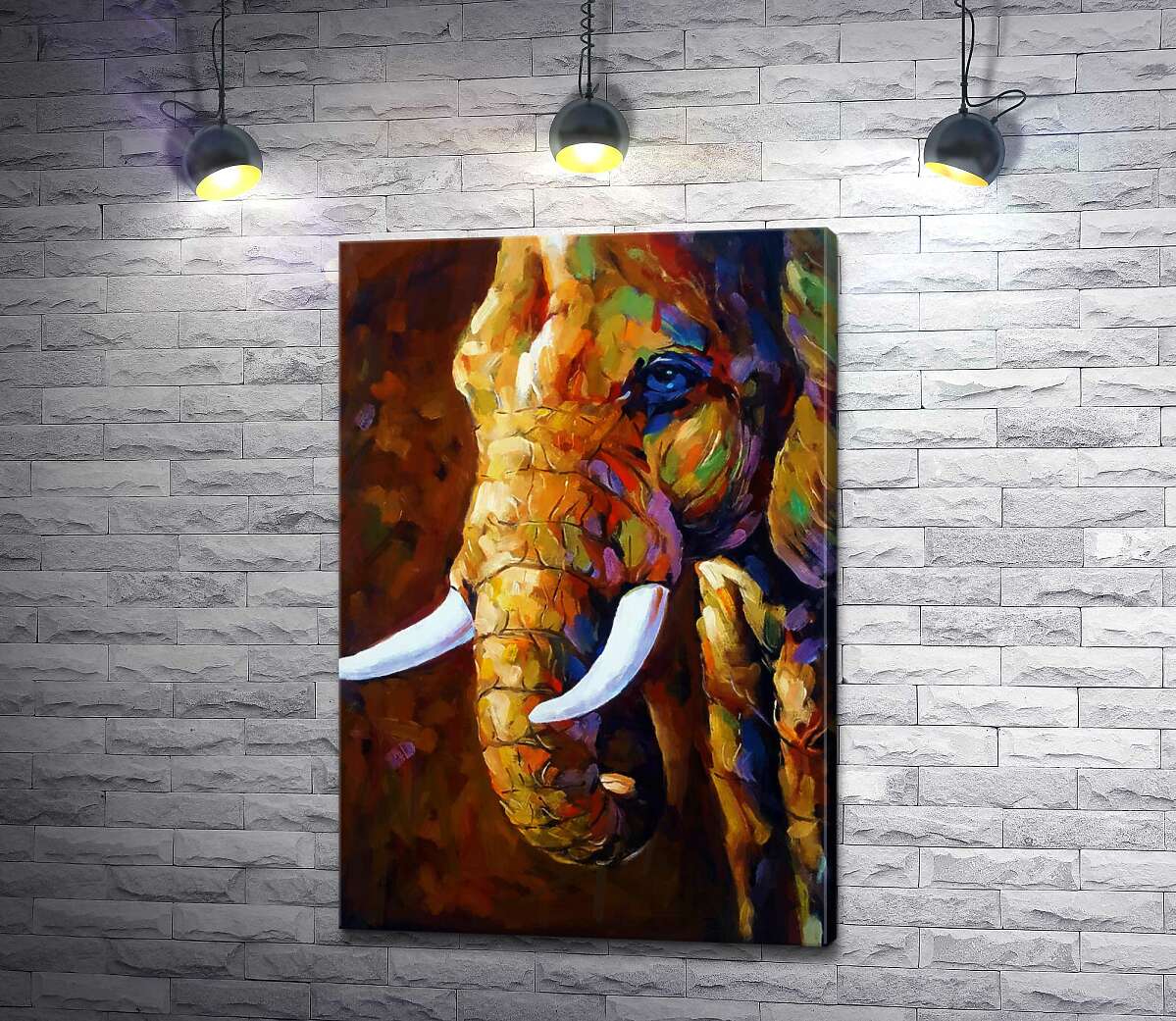 картина Белоснежные бивни в цветном силуэте слона