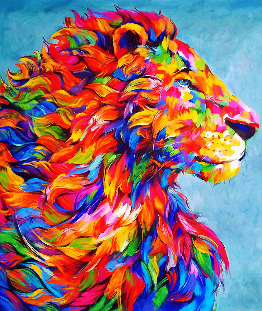 картина-постер Радужная грива мощного профиля льва