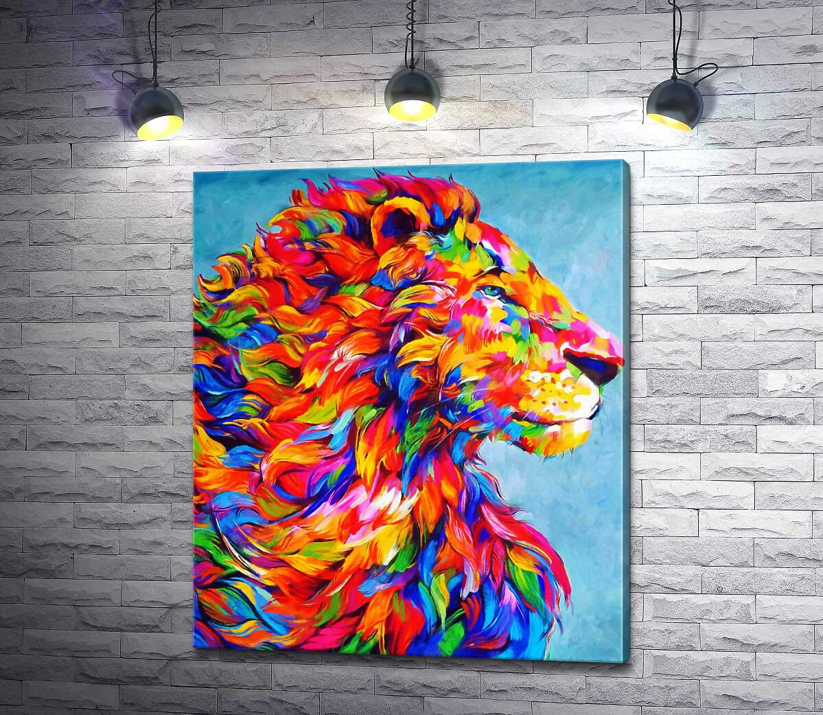 картина Радужная грива мощного профиля льва