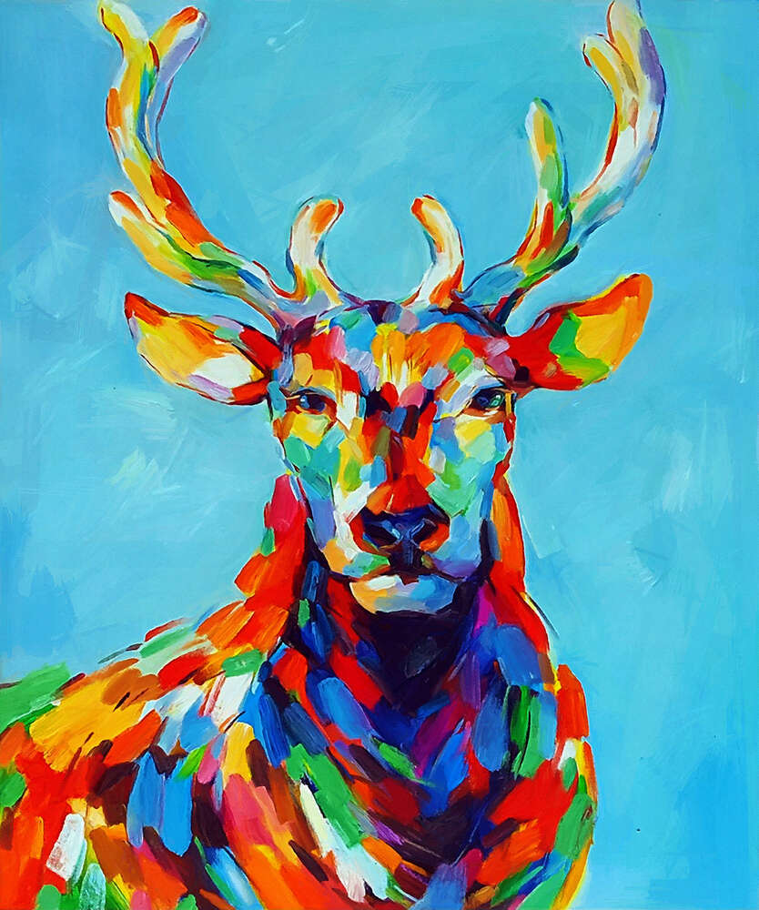 картина-постер Цветной силуэт оленя в радужных пятнах