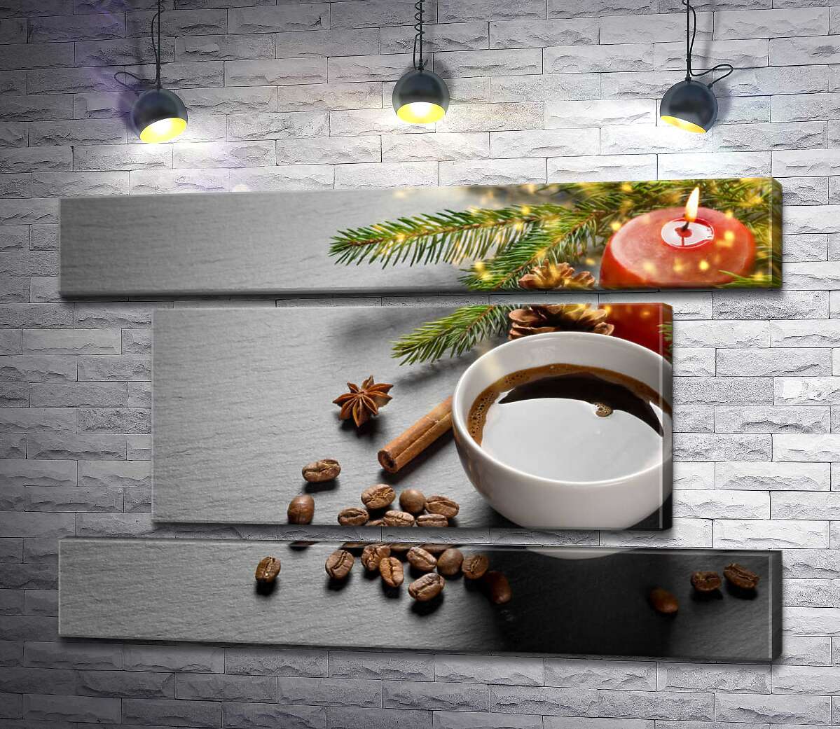 модульная картина Рождественское настроение с чашкой кофе и ветками елки (Модуль №18)