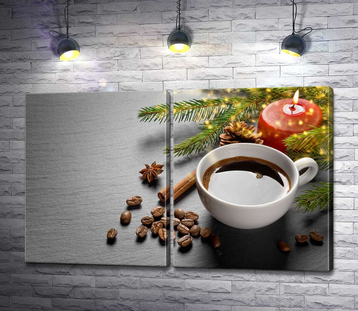 модульная картина Рождественское настроение с чашкой кофе и ветками елки