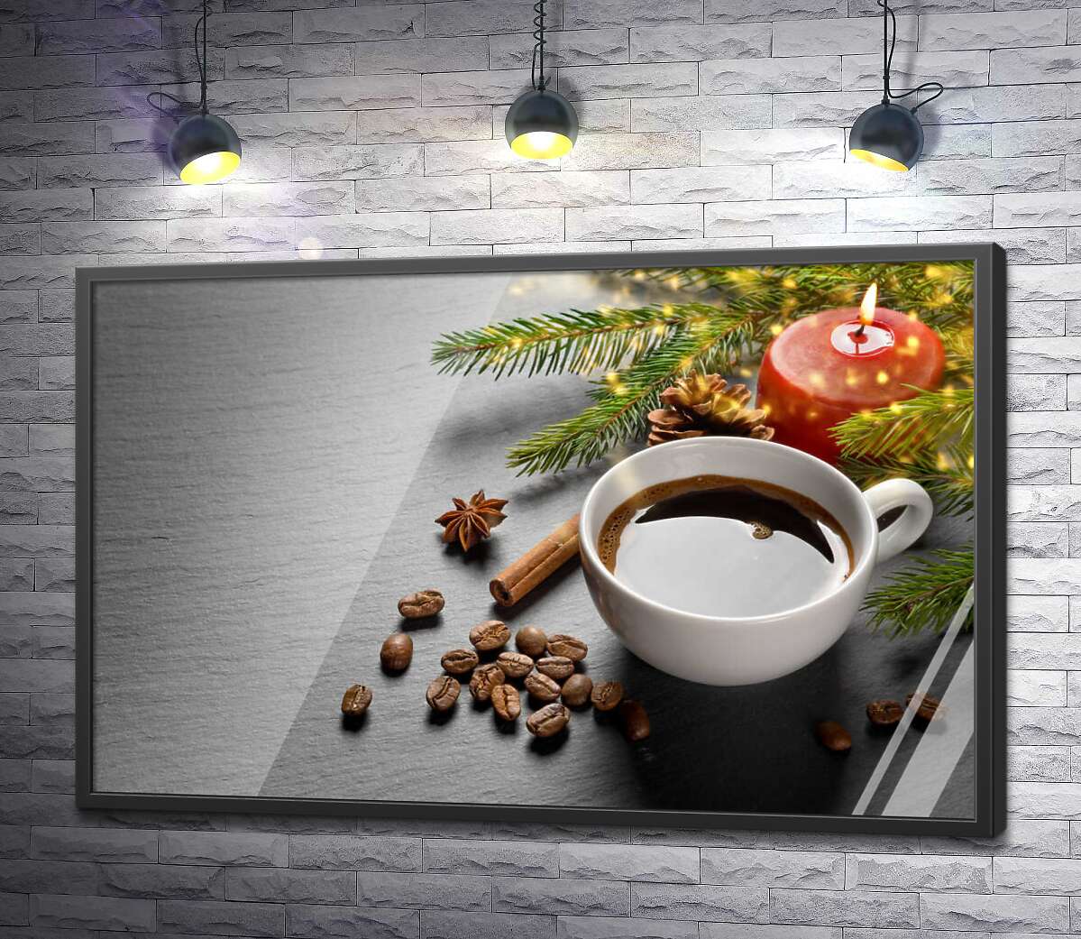постер Різдвяний настрій з чашкою кави та гілками ялинки