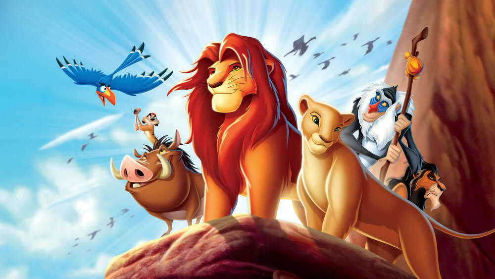 картина-постер Тварини - герої мультфільму "Король Лев" (The Lion King) стоять на краю скелі на чолі з Сімбою