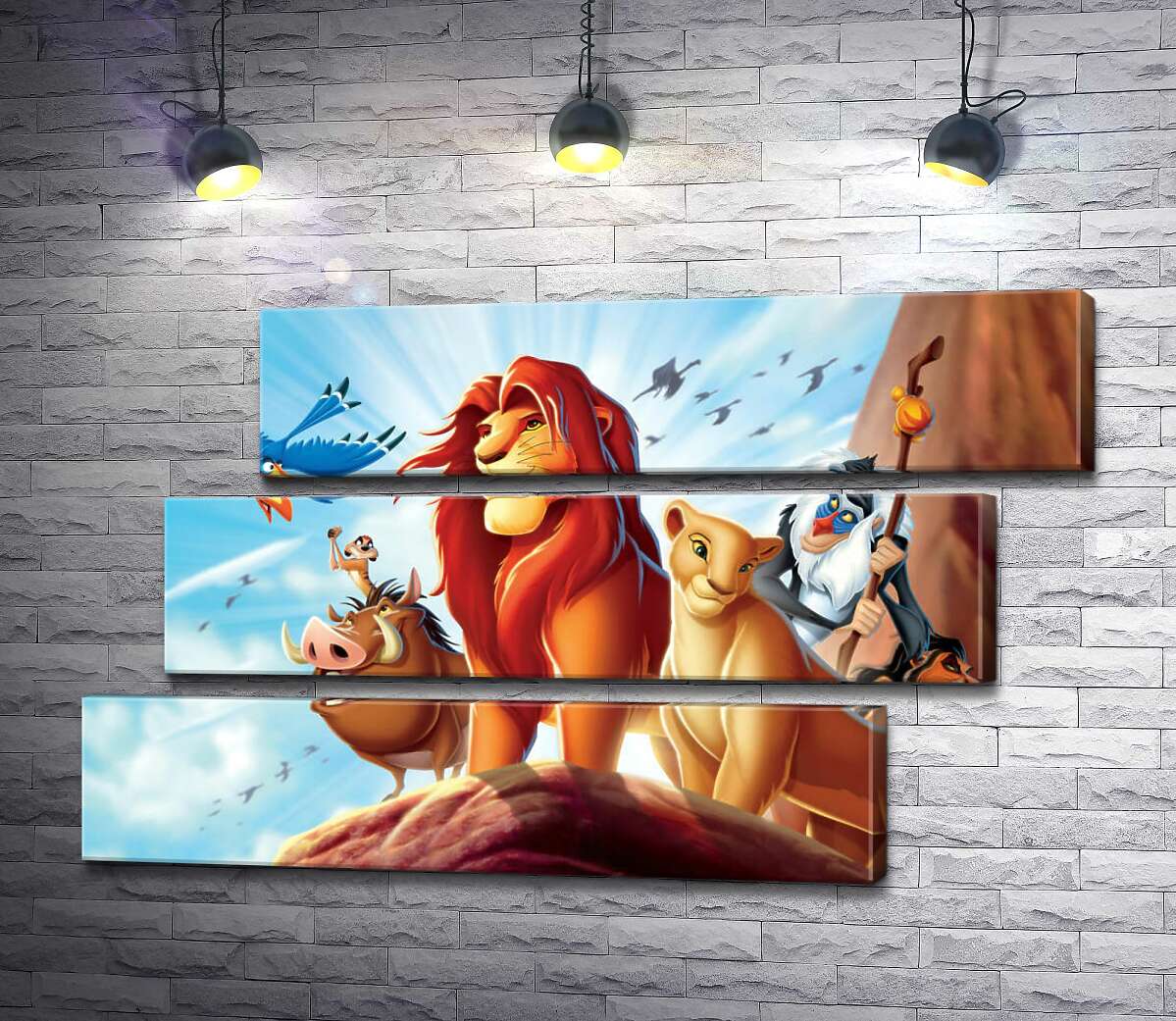 модульна картина Тварини - герої мультфільму "Король Лев" (The Lion King) стоять на краю скелі на чолі з Сімбою (Модуль №17)