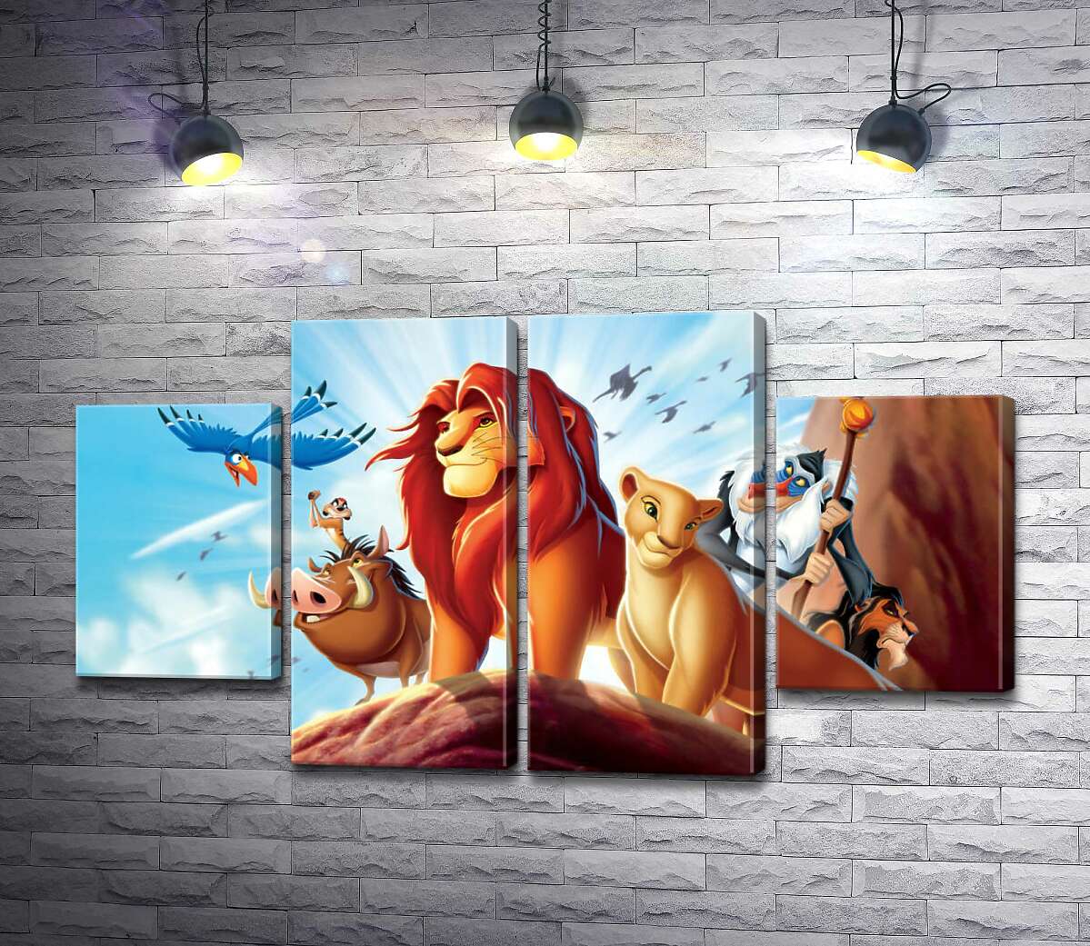 модульна картина Тварини - герої мультфільму "Король Лев" (The Lion King) стоять на краю скелі на чолі з Сімбою (Модуль №20)