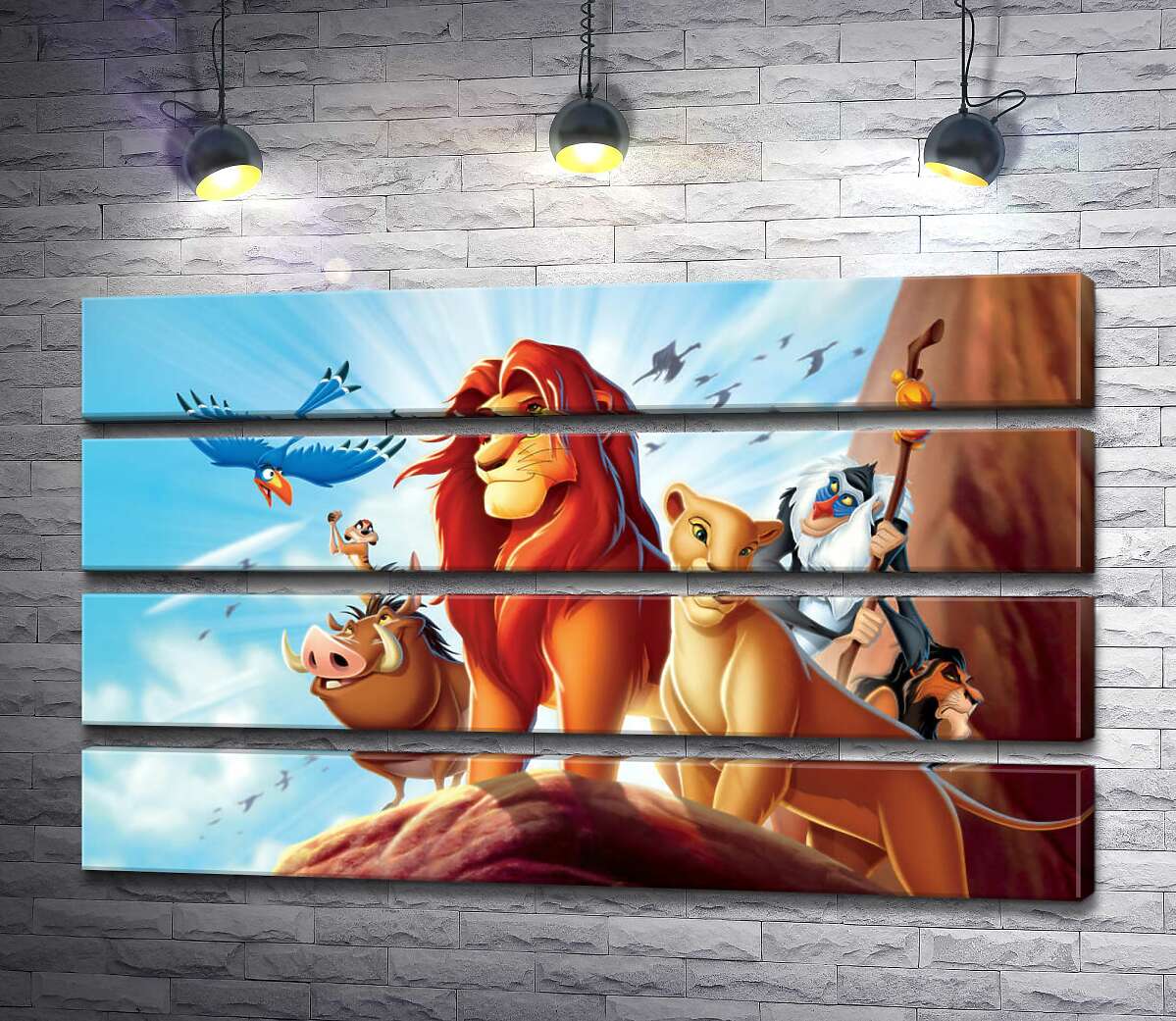 модульна картина Тварини - герої мультфільму "Король Лев" (The Lion King) стоять на краю скелі на чолі з Сімбою (Модуль №22)