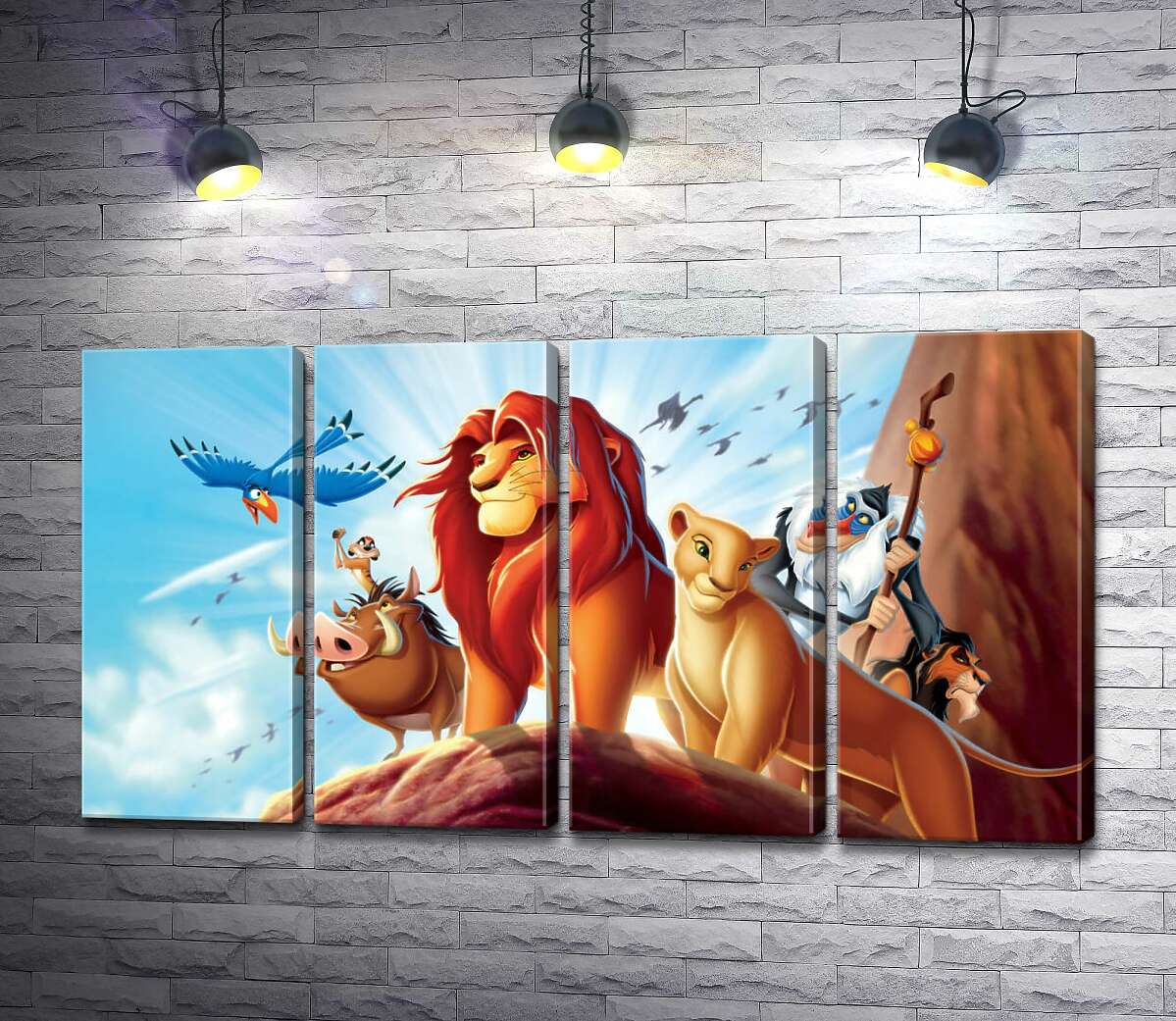 модульная картина Животные – герои мультфильма "Король Лев" (The Lion King) стоят на краю скалы во главе с Симбой (Модуль №24)