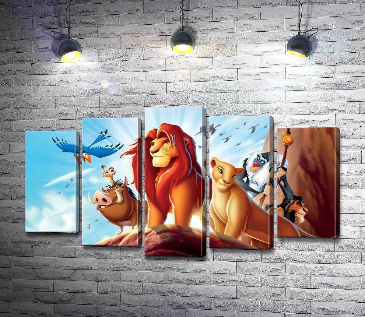 модульная картина Животные – герои мультфильма "Король Лев" (The Lion King) стоят на краю скалы во главе с Симбой (Модуль №4)