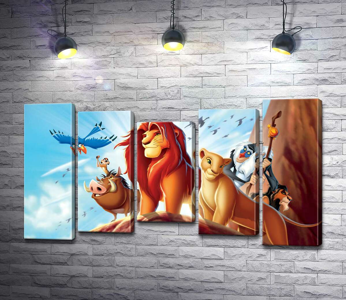 модульная картина Животные – герои мультфильма "Король Лев" (The Lion King) стоят на краю скалы во главе с Симбой (Модуль №27)