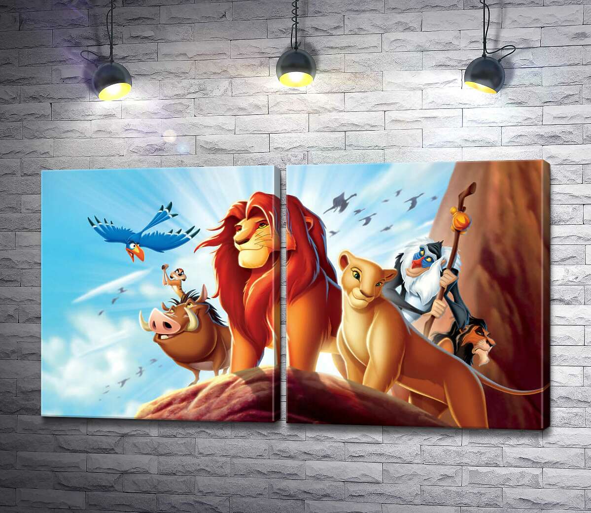 модульна картина Тварини - герої мультфільму "Король Лев" (The Lion King) стоять на краю скелі на чолі з Сімбою