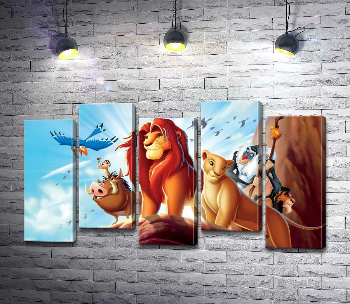 модульная картина Животные – герои мультфильма "Король Лев" (The Lion King) стоят на краю скалы во главе с Симбой (Модуль №30)