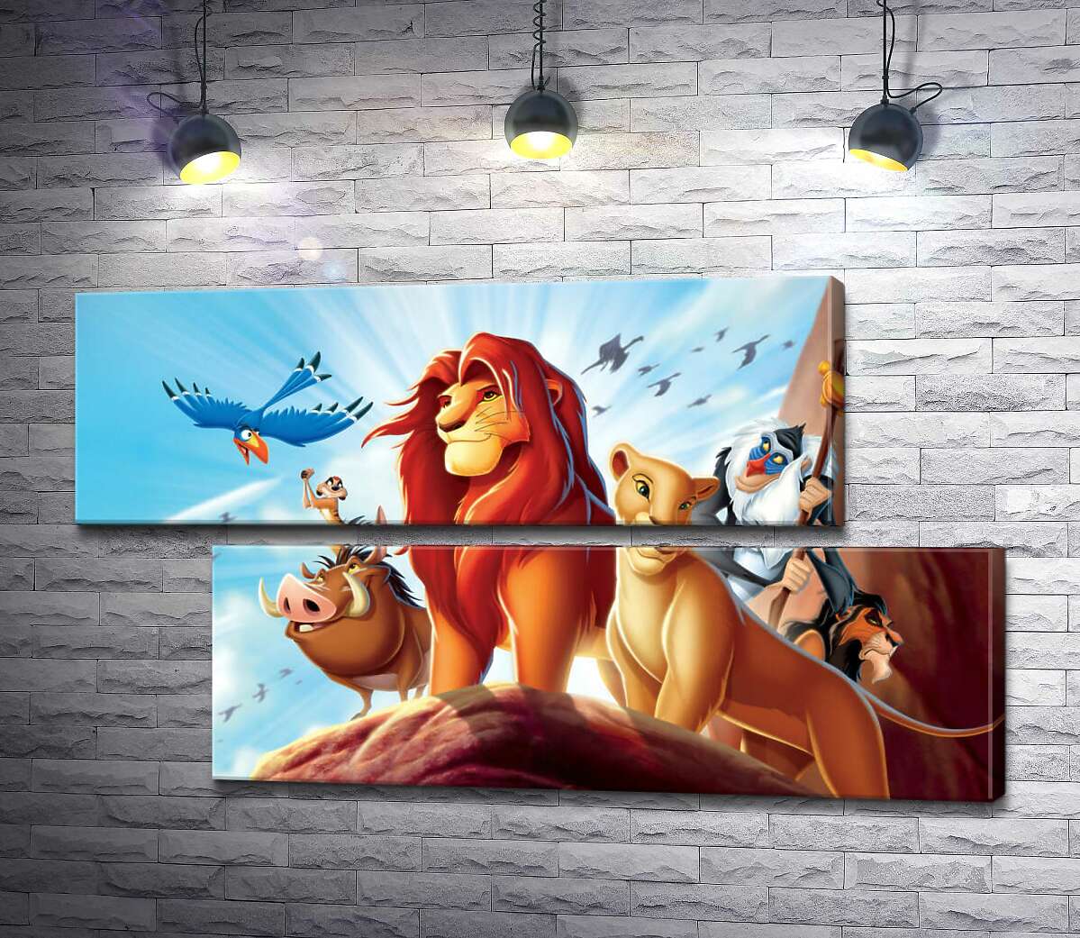 модульная картина Животные – герои мультфильма "Король Лев" (The Lion King) стоят на краю скалы во главе с Симбой (Модуль №8)