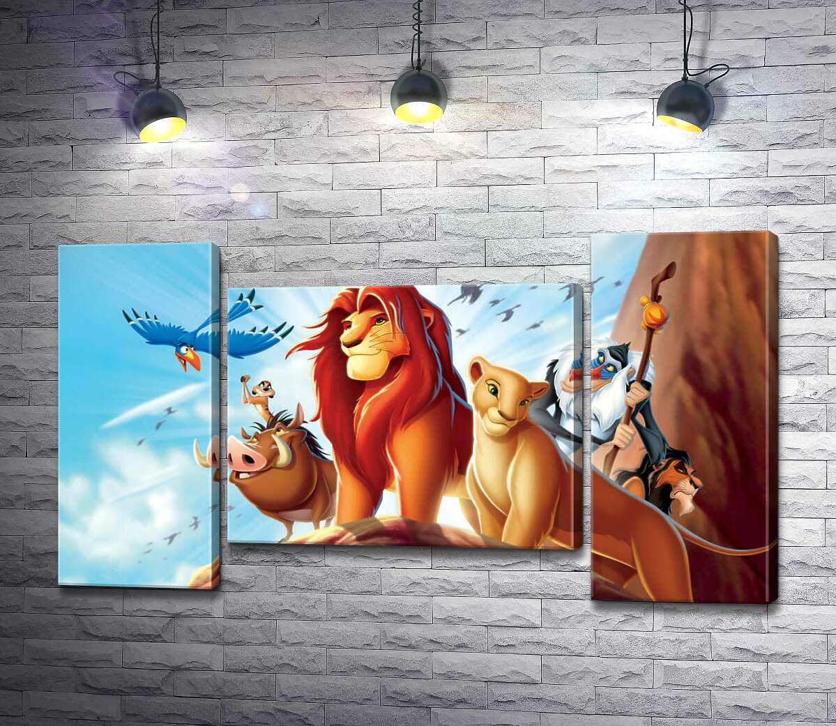 модульна картина Тварини - герої мультфільму "Король Лев" (The Lion King) стоять на краю скелі на чолі з Сімбою (Модуль №11)