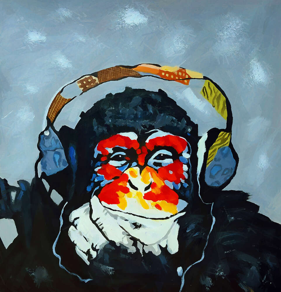картина-постер Горилла задумчиво слушает музыку в наушниках