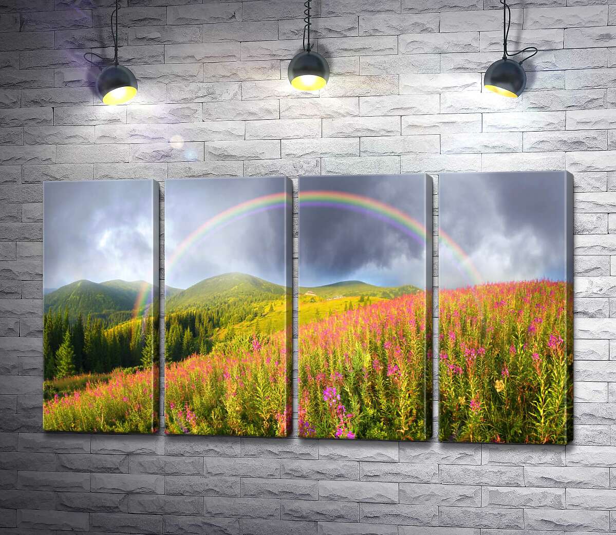 модульная картина Волшебный полукруг радуги возвышается над горным полем вереска (Модуль №24)