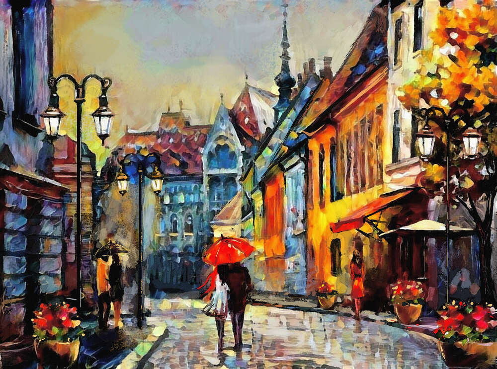 картина-постер Пара прогулюється затишною осінньою вулицею повз старі європейські будинки