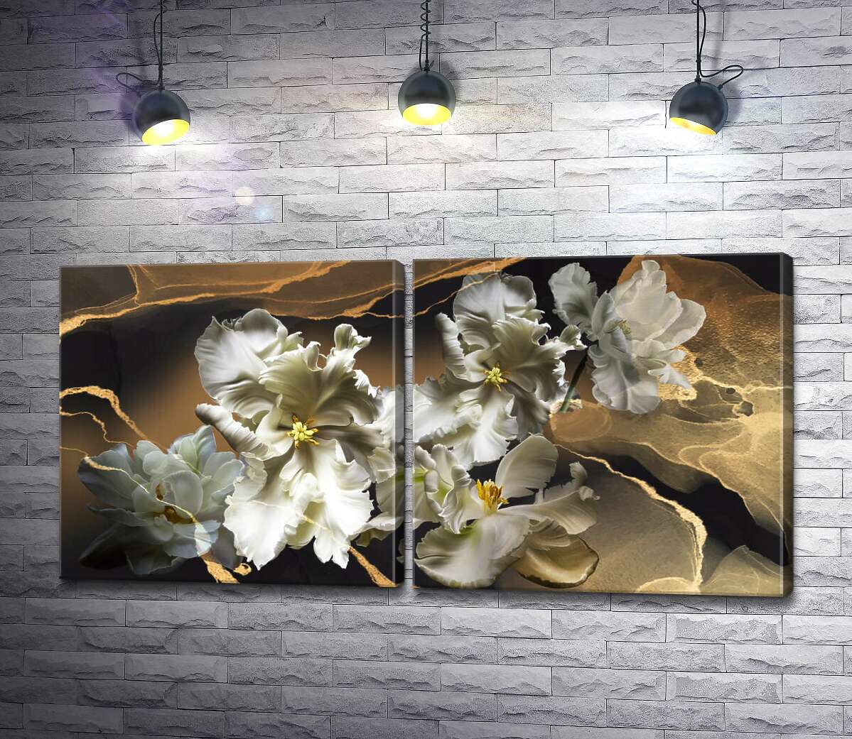 модульна картина Кучеряві пелюстки білих тюльпанів на марморовому візерунку фону
