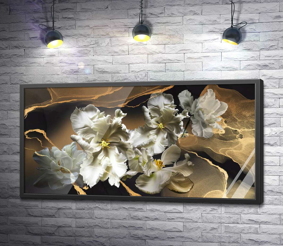 постер Кудрявые лепестки белых тюльпанов на фоне мраморного узора