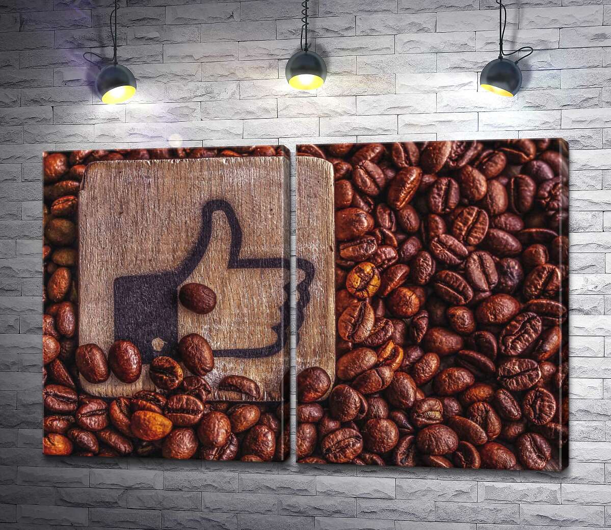 модульна картина Дерев'яний знак "Like" серед пахощів кавових зерен