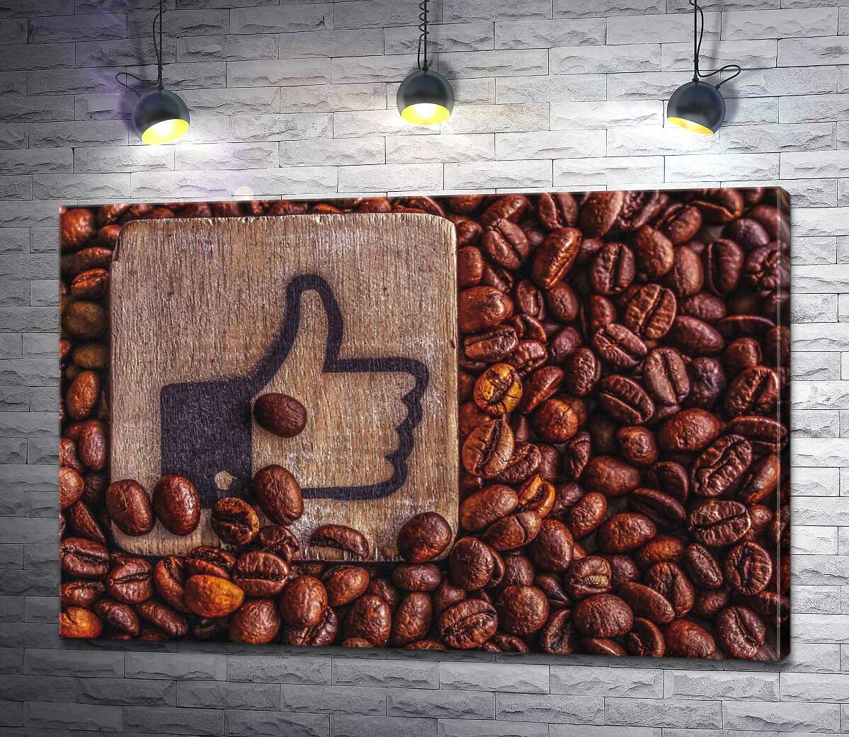 картина Дерев'яний знак "Like" серед пахощів кавових зерен