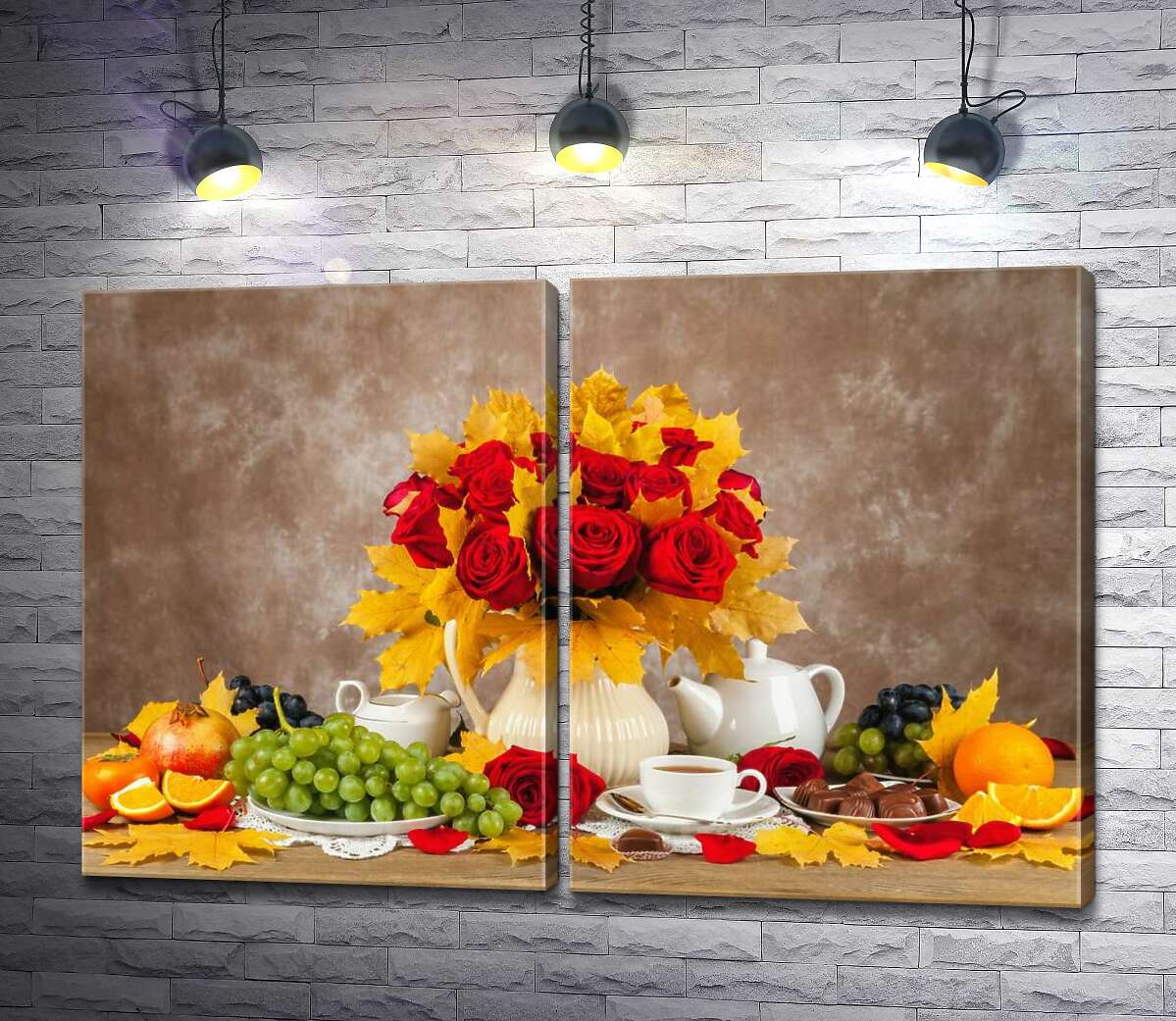 модульна картина Осінній натюрморт з кленовим листям, букетом троянд, виноградом та чаєм