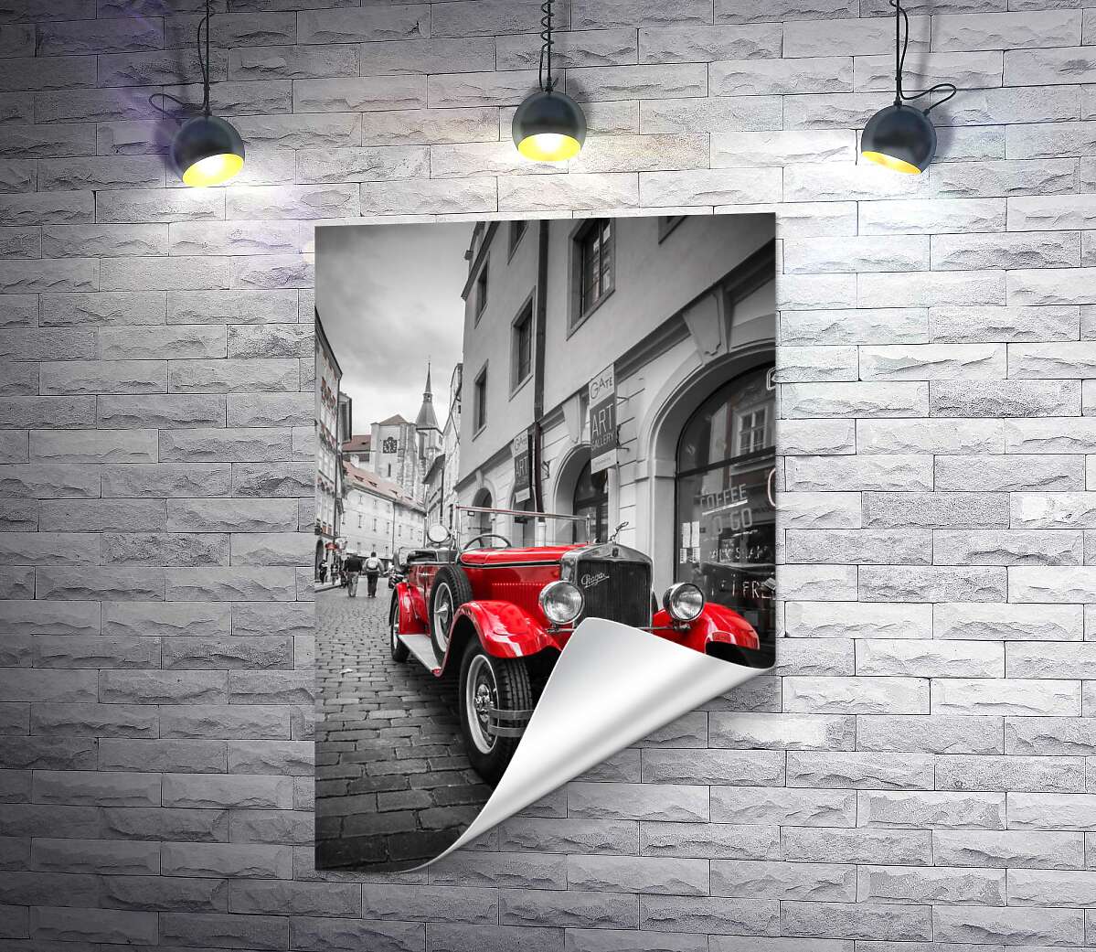 печать Красная яркость ретро-автомобиля Praga Alfa на улицах Праги