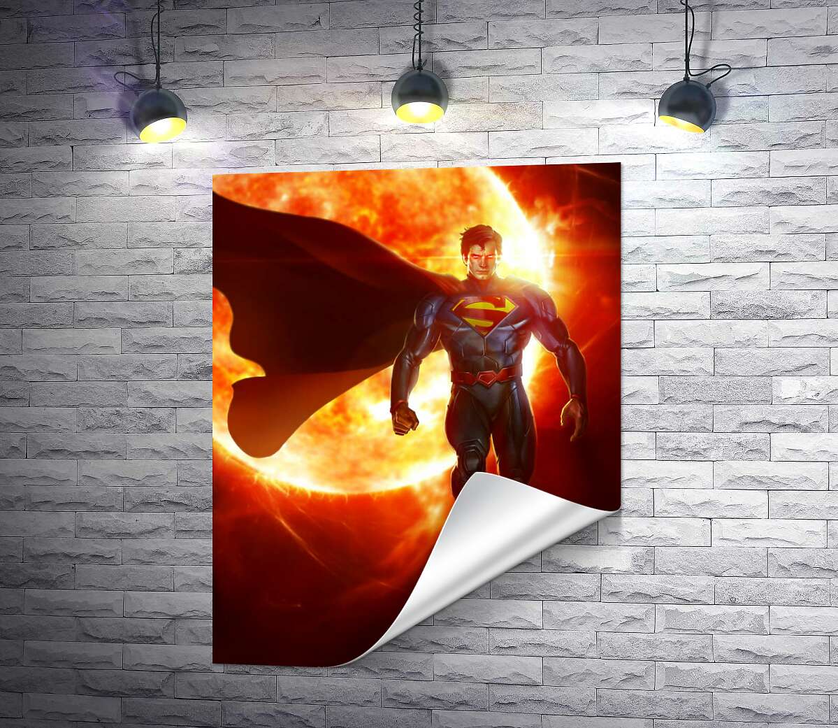 друк Супермен (Superman) на фоні розжареної сонячної кулі