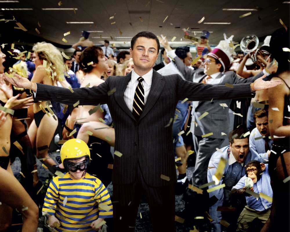 картина-постер Леонардо Ді Капріо (Leonardo DiCaprio) на постері до фільму "Вовк з Волл-стріт" (The Wolf of Wall Street)