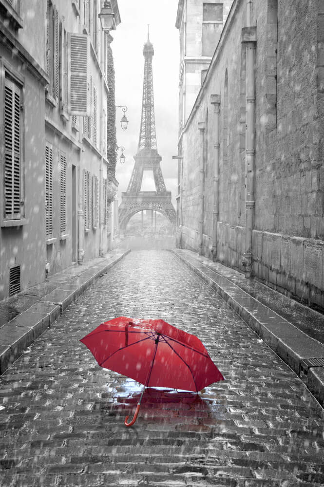 картина-постер Одинокий зонт на мостовой дождливого Парижа