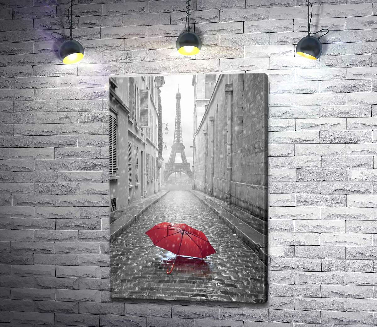 картина Одинокий зонт на мостовой дождливого Парижа