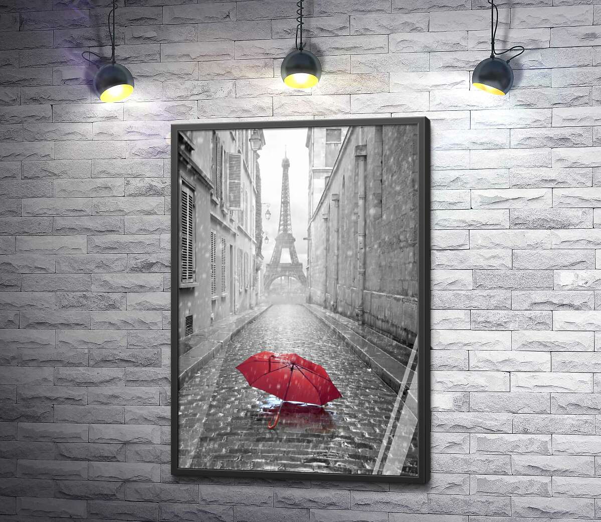 постер Одинокий зонт на мостовой дождливого Парижа