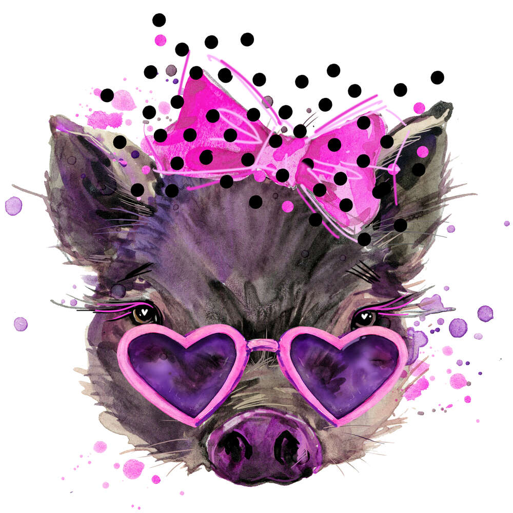 картина-постер Гламурная свинка в очках-сердечках с розовым бантиком на макушке