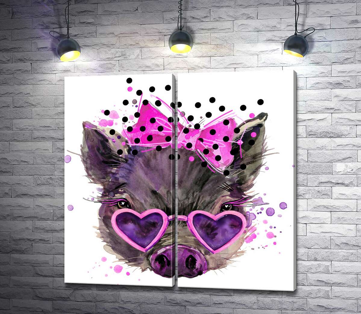 модульна картина Гламурна свинка в окулярах-сердечках з рожевим бантиком на маківці