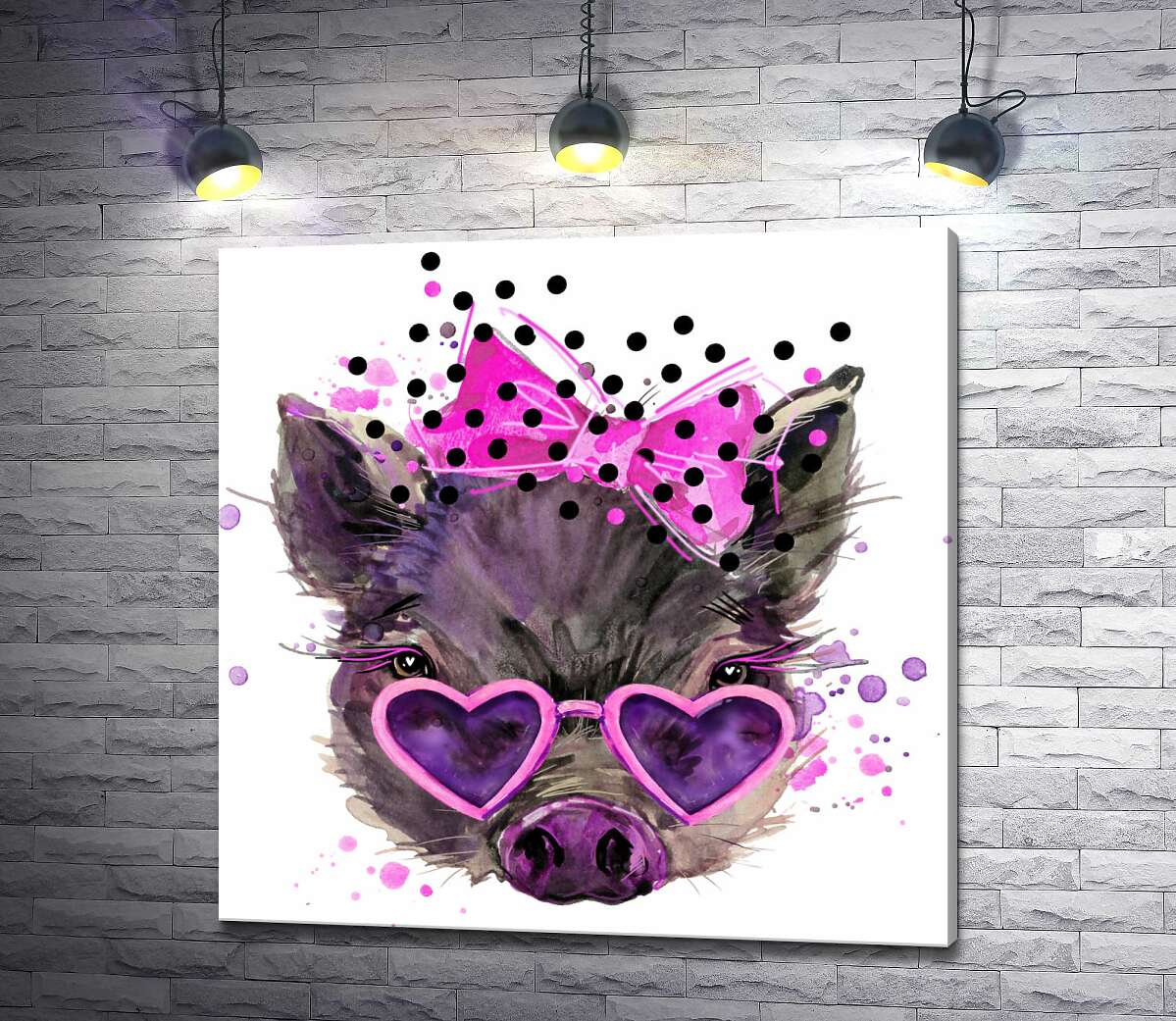 картина Гламурна свинка в окулярах-сердечках з рожевим бантиком на маківці